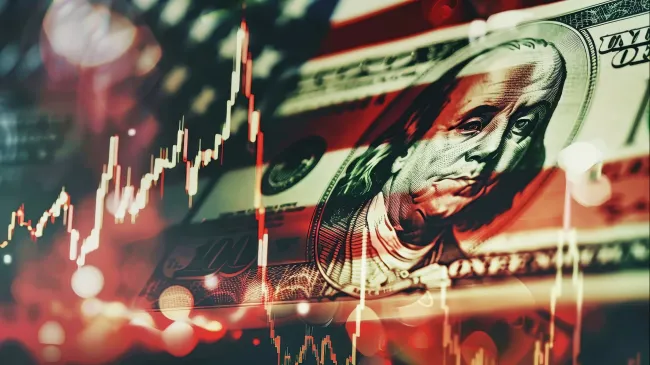 dollar bill with data trend line and flag background